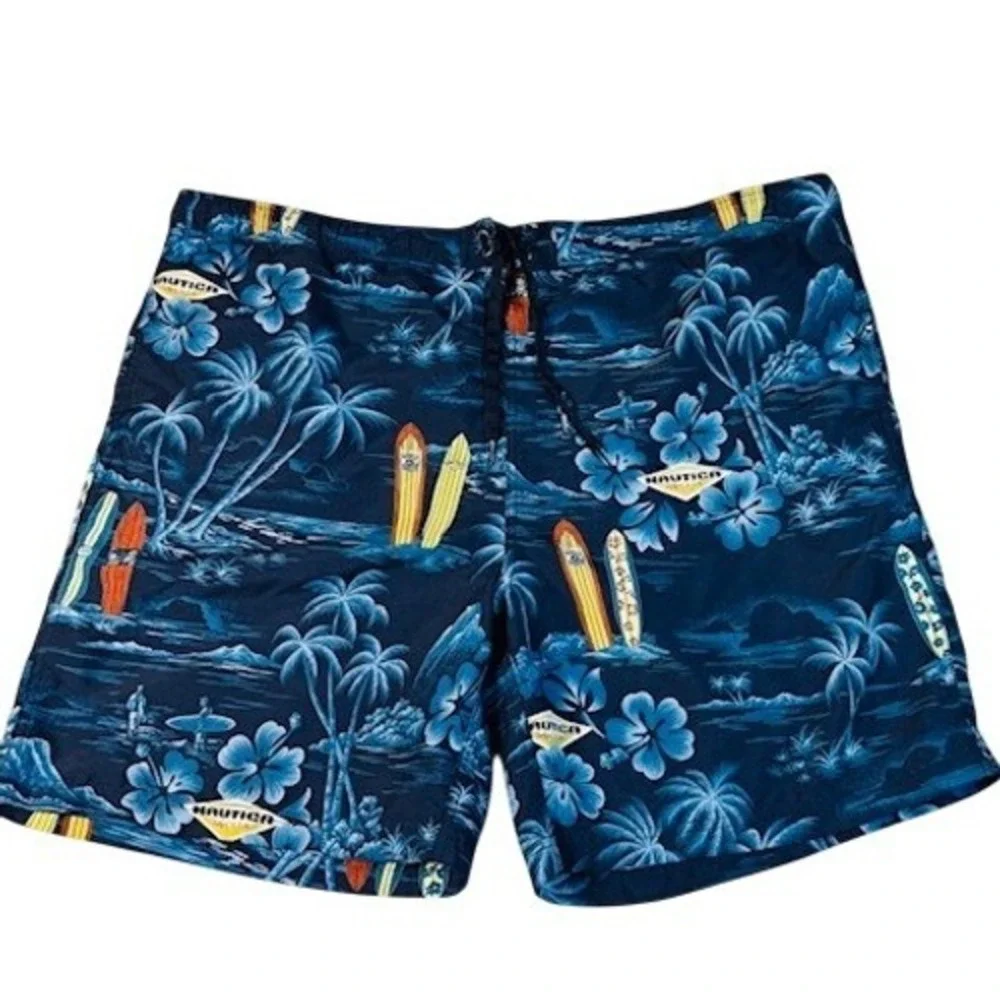 Nautica‎ Swim Trunks Mens XL Blue Tropical Surfboard Palm Tree Board Shorts